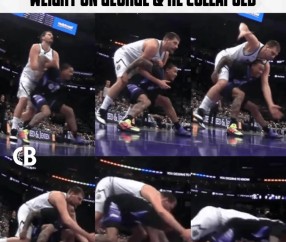 这重量！约基奇拼抢球时压在基扬特-乔治身上，后者表情痛苦